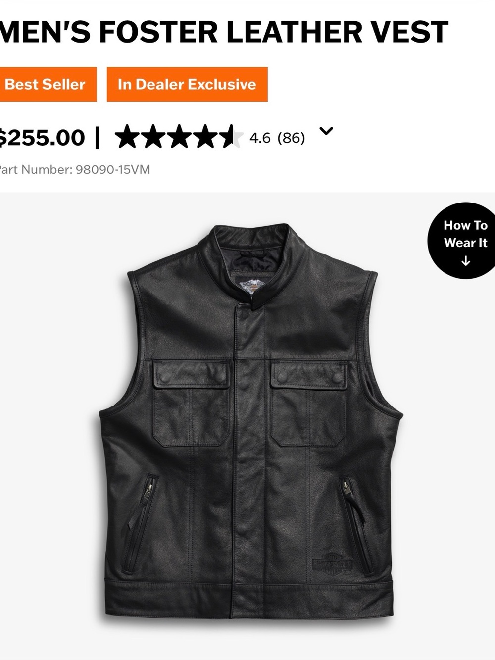 Harley-Davidson Black Leather Riding Vest with Mandarin Collar
